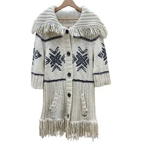 Hollister‎ Womens M/L Cardigan Sweater Fringe Shawl Collar Knit Oversized Chunky